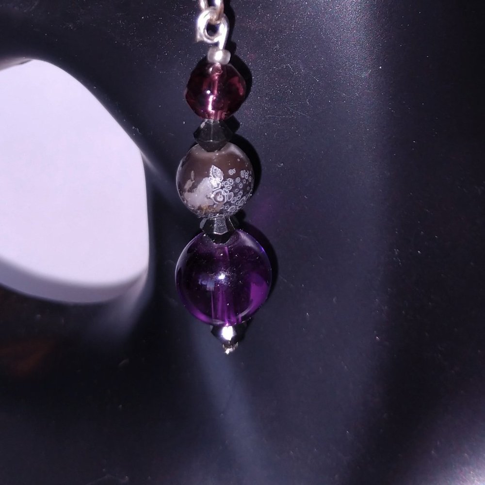 Purple Drop Earrings With Gray and Burgundy Beads Handmade 2.25  inches